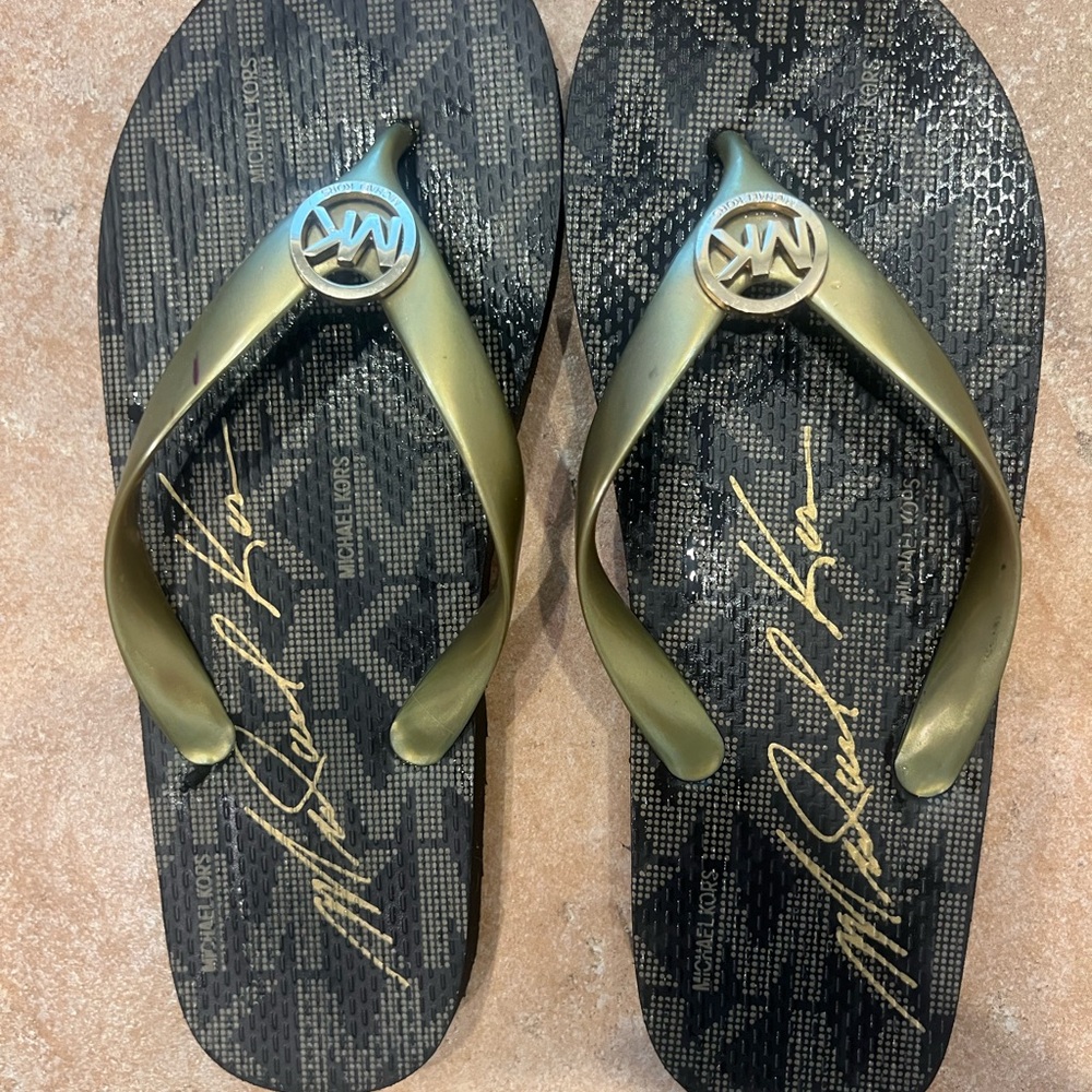 Michael Kors Black and Gold Signature Flip Flops